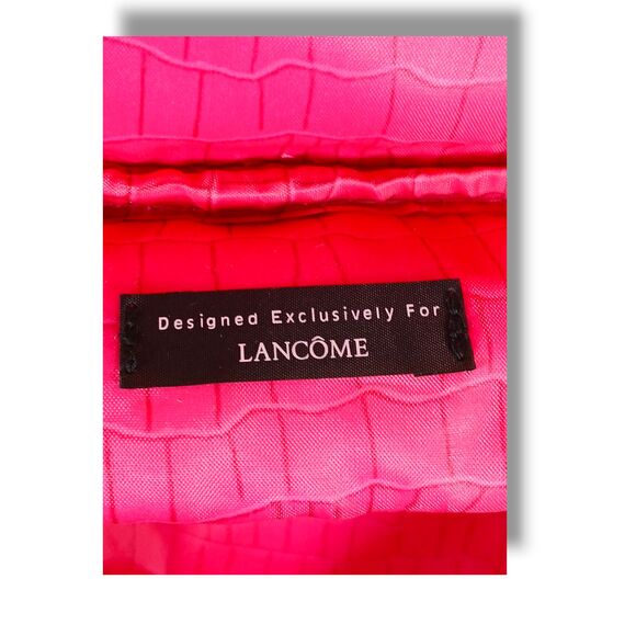 Lancôme Pink Canvas Makeup Train Case Faux Crocodile Pattern 8.5 x 5 x 5 Inch - Picture 7 of 9